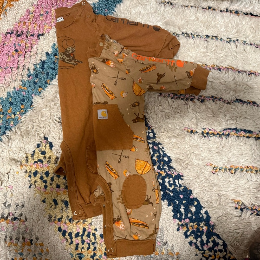 Carhartt Baby Boy Romper Lot 2pc 3M Brown Logo + Camping Print One-Pieces
